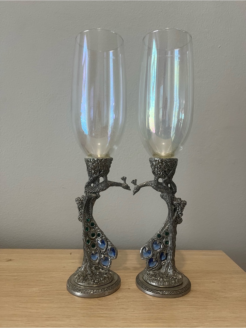 Peacock Pair Decorative Champagne Flutes - Silver with Blue Accents